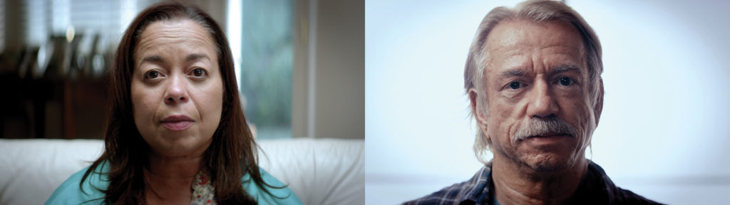 Two stills from the A Better Response video. A women on a couch on the left and an older man on the right.