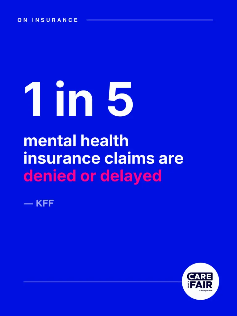 Text: On Insurance: 1 in 5 mental health insurance claims are denied or delayed -KFF